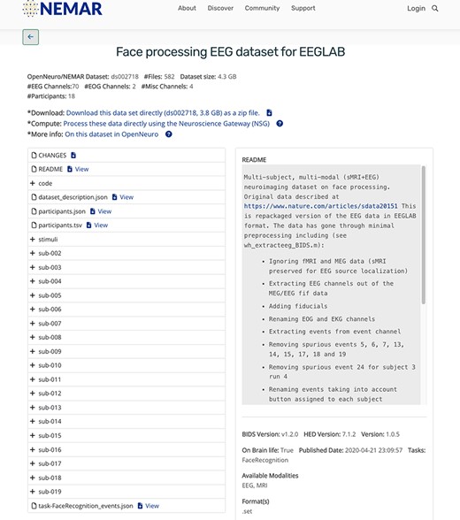 NEMAR dataset interface exposing some of the BIDS-required EEG metadata.