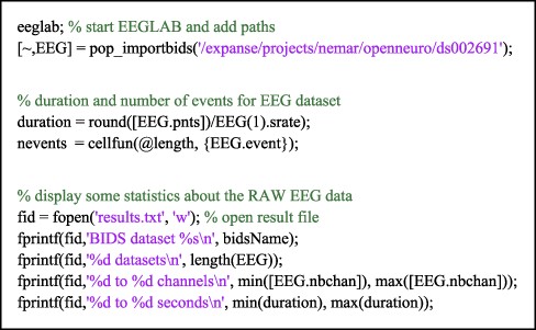 An example MATLAB script running on NSG using OpenNeuro/NEMAR dataset ds002691. The script, submitted by a user through the NSG interface, is executed on the Expanse supercomputer, for which the NEMAR datasets are immediately accessible via their ‘ds’ index (as below).