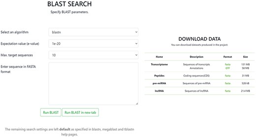 Screenshot of BLAST and Download pages in the OakRootRNADB.