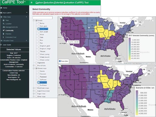 CaRPE screenshot showing an example of limiting acres to grain corn and soybeans, a map pooled by region showing the distribution of those acres across the nine FSRs and the distribution of the tonnes of CO2e reduction potentials resulting from a cover crop scenario using the default settings.
