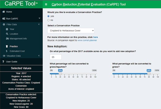Example of the cropland to herbaceous cover practice illustrating user-defined variables for percent new adoption and what percent will be converted to grass/legume or grass. Because conversion options remove cropland or grazing land from production, it is recommended to not exceed 25% new adoption without adequate justification.