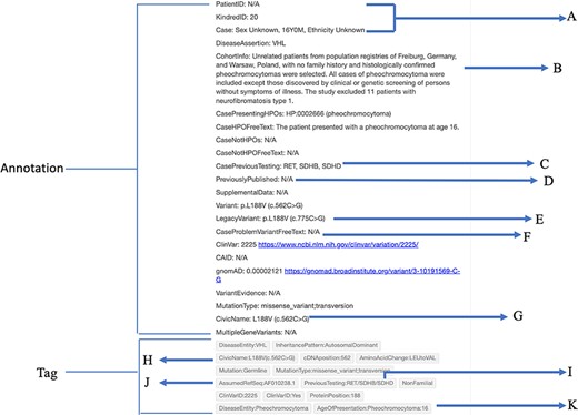Case-individual type annotation on the Hypothes.is platform. (A) Patient identification information is indicated by patient ID, kindred (family) ID and case information. (B) Description of the cohort. (C) Previous genes that were tested. (D) Previously published. (E) The non-standardized version of the variant, known as the Legacy variant. (F) Problems encountered with the variant. (G) The CIViC name associated with the variant. (H) Tag for the CIViC name. (I) Tag for previous genes that were tested. (J) Tag for the reference sequence used by the authors. In this case, the Latif sequence was assumed. (K) Tag for the age of presentation of a specific phenotype. In this case, a pheochromocytoma presenting at age 16 was tagged.