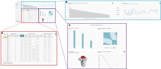 Overall layout of the COVIC-DB landing page. (A) contains the summary table showing results for different assays carried out for COVIC antibodies. The user has highlighted the upper left-most cell in orange by clicking on the cell. (B) displays graphical representations of the affinity data shown in the summary table. (C) highlights the ‘Antibody Panel section of the dashboard that appears when the user selects an individual antibody (here, COVIC-1).