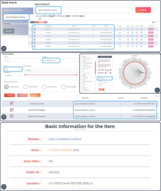 Features and utilities of ENCD. (A) A single keyword search and the corresponding results presentation using a quick query. (B) A multi-criteria search and display of results using an advanced query. (C) Browsing the web based on keywords in the interface. (D) Detailed display of query entries.