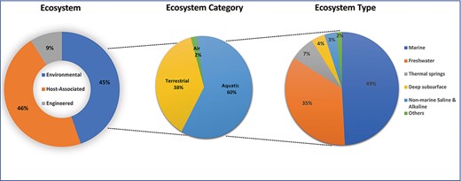 The distribution of 180 677 public biosamples among the top three GOLD ecosystem classification levels.