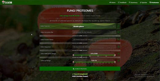 Proteome search interface of substring search mode. User can search the proteome data using any one option or multiple options.