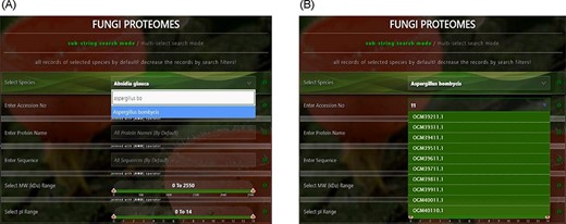 User-friendly interface with autofill option to (A) select species using auto-filling options or from a drop-down list and (B) search specific proteome using accession numbers.
