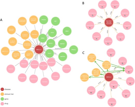 Knowledge graph presentation of NSCLC: (A) NSCLC relationships between genes, drugs and clinical trials, respectively; (B) inferred relationships of NSCLC; (C) reasoning between NSCLC and Fruquintinib.