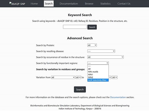 Screenshot of the dbAQP-SNP Search page.