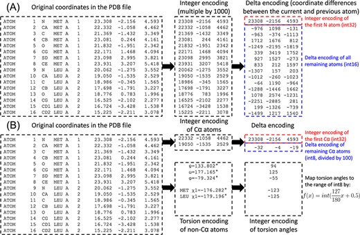 Illustration of PDC compression of the coordinates for the first two residues for the AlphaFold structure of methylated-DNA—protein-cysteine methyltransferase (UniProt ID P0AFH0). (A) Lossless compression. (B) Lossy compression.