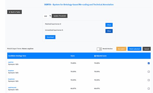 Screen capture of the SORTA 2.0 user interface. In contrast to the original version of SORTA, the SORTA 2.0 user interface allows users to map multiple terms at once and to flag a term for a manual review.