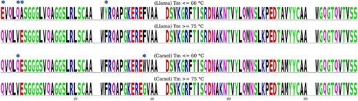 Llama and camel consensus Fw sequences for the low- and high-Tm groups. The white spaces correspond to the three CDRs. Sequence positions differing between the two groups of the same species are marked with an asterisk.