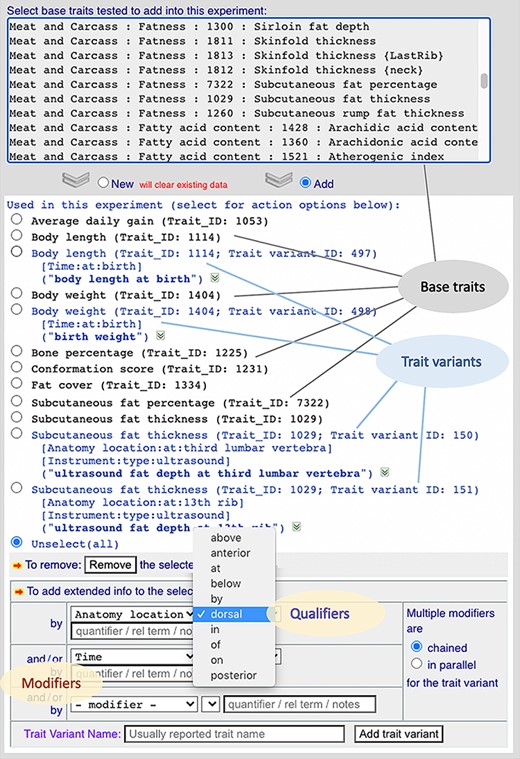 A screenshot of a curation web form showing part of the experiment curation environment. It shows how this implementation allows trait variants to be created from their base traits using controlled vocabulary lists to define modifiers/qualifiers.