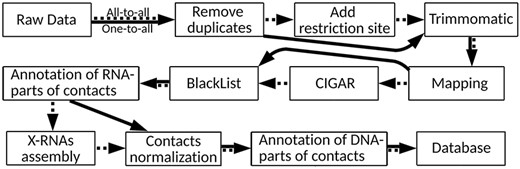 RNA–chromatin interactions data processing protocol. Dotted arrows correspond to all-to-all data processing steps and solid arrows are related to one-to-all data.