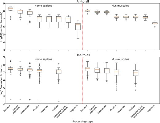 The distribution of the number of reads in the data sets left after the corresponding processing step and all the previous ones. Upper panel: boxplots plotted from all-to-all data, namely 17 human data sets and 18 mouse data sets. Lower panel: boxplots plotted from one-to-all data, namely 159 human data sets and 291 mouse data sets.