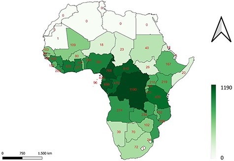 A map of the African continent, indicating the number of DRC tree species present in each country. The darker the colour, the more species present.