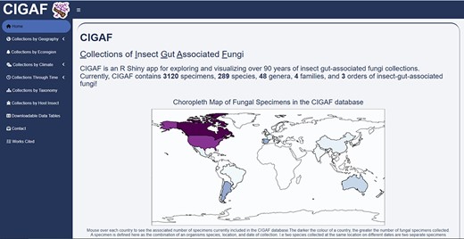 The CIGAF website homepage showing a descriptive overview of the site contents, with the expanding tab list on the left.