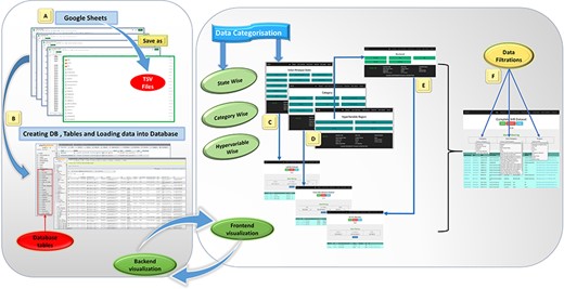 Database preparation, visualization, and workflow from back-end to front-end development of the IHM-DB. (A) Collection of the dataset from publicly available databases. The dataset was manually collected from publicly available databases and stored in Google sheets (tsv files). (B) Creation of database tables in MySQL and loading of collected tsv files. (C–E) Web page visualization of metagenomic data categorized into state-wise, category-wise, and hypervariable-wise classifications. (F) Completion of the IHR dataset on a single page. The users can access the complete metagenome data as well as can use the option of filtration for desirable information.