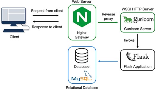 Database architecture and programming. The architectural flow of the PETCH-DB is shown. NGINX and Gunicorn are used to provide a server gateway interface to the flask application, which transmits requests to the MySQL database, thus offering a flexible framework for future expansion of the database.
