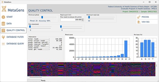 Graphical interface of the MetaGens software showing the quality control panel. It is a user-friendly interface that allows the specification of the quality control parameters. Source: the authors.