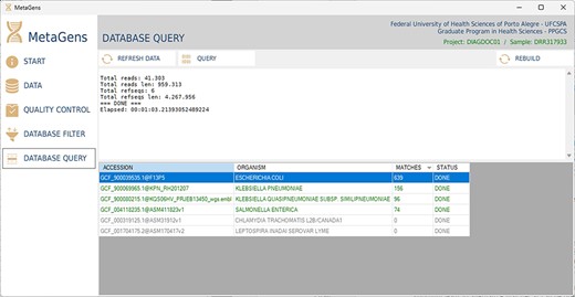 Graphical interface of the MetaGens software showing the database query panel. On the query screen, it is possible to follow the progress of the alignment. The table shows the subjects under analysis and their matches. Source: the authors.