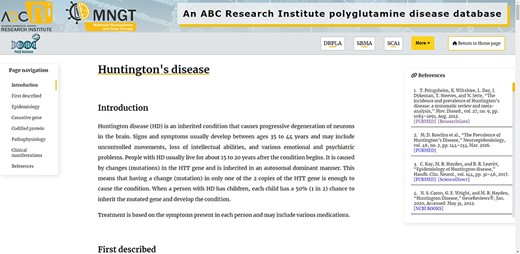 Top of the Huntington’s Disease page, presenting all the additional features of the Diseases pages mentioned in the text.