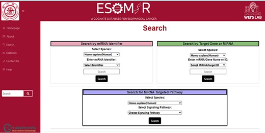 Demonstrative depiction of the Search page to access data using different modules. In the above figure from the database, it can be seen that the information can be retrieved through search by miRNA identifier search, search by target gene or miRNA or search for miRNA targeted pathway.