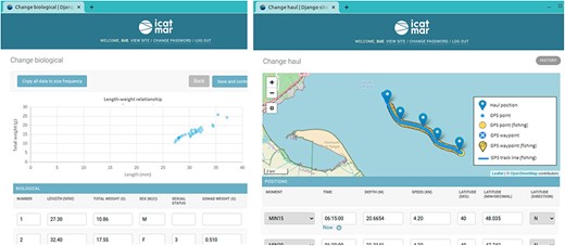 Examples of the data input website displaying interactive charts and maps to perform visual validations of the entered data. The scatter chart displays the individuals’ lengths and weights to detect possible outliers. The interactive chart is displaying the onboard positions (blue pointers), together with the uploaded GPS points (blue circles) and the GPS points detected as fishing (yellow circles).