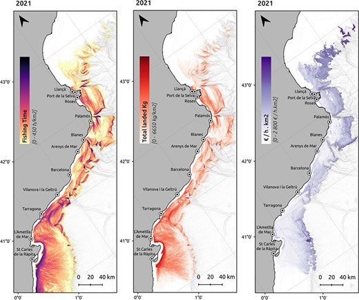 Spatial distribution of the fishing effort (h/km2), landings (km/km2) and revenues per unit of effort (€/h· km2) produced by the bottom trawling fishing fleet in 2021.