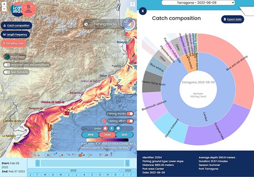 Catch geolocation of a bottom trawling sampling. An additional layer with the biomass extracted for all the fishing fleet (kg/km2) is added to the map.