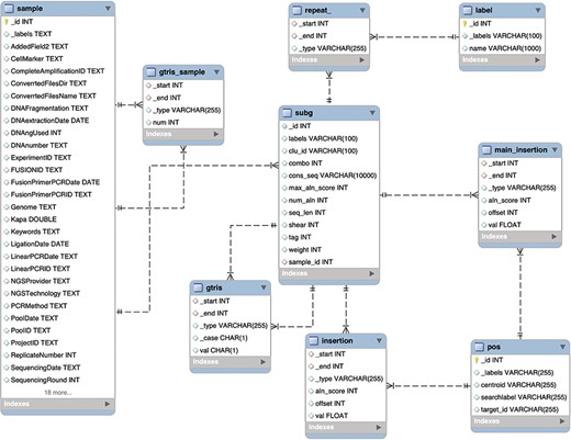 Schema of the relational database MySQL archiving clonal data obtained from integration sites using γ-TRIS. Similarly to the Graph DB structure (3), the entity-relationship diagram of the requirements described in the ‘Data description’ section has been converted in this table schema.
