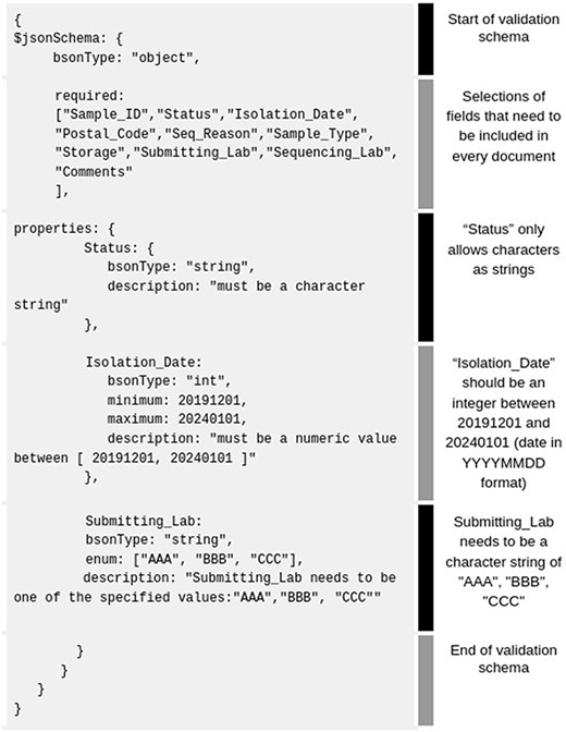 Example of basic MongoDB schema rules (gray background) accepted by the MongoDB Compass validation tab. For better clarity, we added our own fields like ‘Status’, ‘Isolation _ Date’, ‘Submitting_ Lab’, etc.