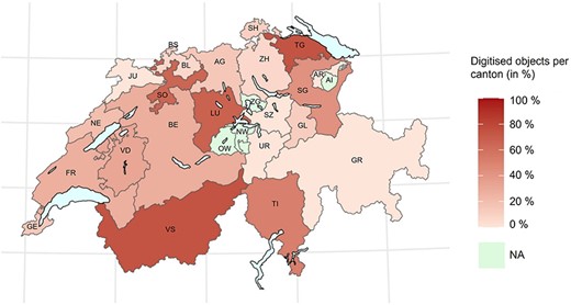 This heat map shows the percentage of digitised objects in natural history collections per canton. There is no available data for four cantons (i.e. Appenzell Innerrhoden, Nidwalden, Obwalden and Zug) (2).
