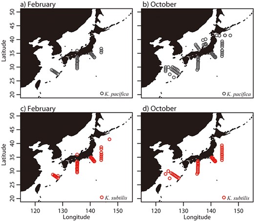 Distribution of biological observation records of K. pacifica in February (a) and October (b) and K. subtilis in February (c) and October (d). Data are pooled over 11 years (1982–1992).