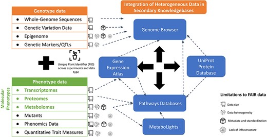 Current status of genotype-to-phenotype data integration. The left side illustrates the diversity of genotype and phenotype data. The right-hand side lists examples of the existing databases and knowledgebases which support the integration of heterogenous data types and their visualization.
