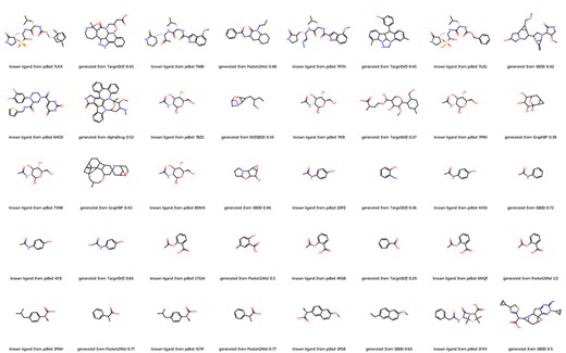 Molecules from DrugGen database with the highest similarity to the original ligands on 20 disease-related protein targets. The even-numbered columns showcase the original ligand molecules, while the odd-numbered columns display the generated molecules with the highest similarity. The values in the odd-numbered columns indicate the Tanimoto similarity to the original ligand.