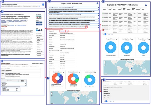 AHMP functionalities: Results can be queried using the search bar on the Home page (A). Example of query results: All the bioprojects related to the query keywords are displayed (B) and results can be further filtered using the interactive charts (D). Minimal information by project (C) or more extended description of samples (E) is also available. A hyperlink to the corresponding publications (F) and the original data (G) is available.
