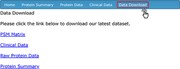 Data download options for protein and clinical data sets.    Alt text: Scre...