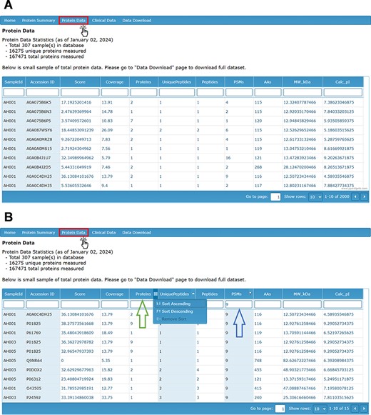 Alt text for Figure 2A: shows a screen capture of the database’s ‘Protein Data’ page, which contains a table with columns titled ‘SampleID’, ‘Accession ID’, ‘Score’, ‘Coverage’, ‘Proteins’, ‘UniquePeptides’, ‘Peptides’, ‘PSMs’, ‘AAs’, ‘MW_kDa’ and ‘Calc_pI’. Alt text for Figure 2B: shows a screen capture of the database’s ‘Protein Data’ page with a green arrow pointing to the tool that allows the user to select ‘Sort Ascending’, ‘Sort Descending’ or ‘Remove Sort’ for any column. There is also a blue arrow pointing to one of the boxes below each column name, which allows the user to apply search filters.