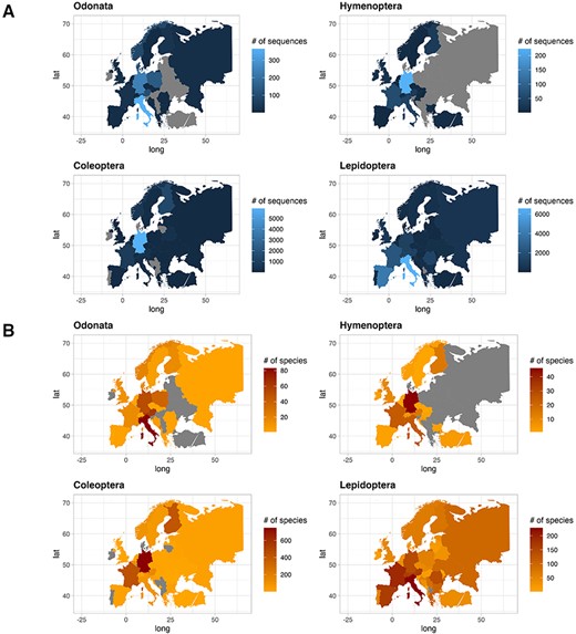 Alt text: Decorative figure showing for each insect order the number of species and sequences for each examined country included in the final database.
