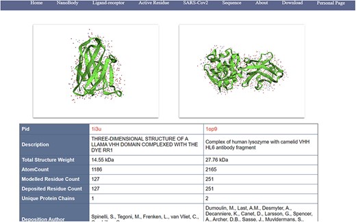 Alt text: Screenshot of a comparison page within the NanoLAS database betweentwo specific nanobodies. It includes sections like structural data, 3D docking views, sequence information and related metadata. The layout is designed for easy navigation, showcasing comprehensive data visualization and annotation for each nanobody.