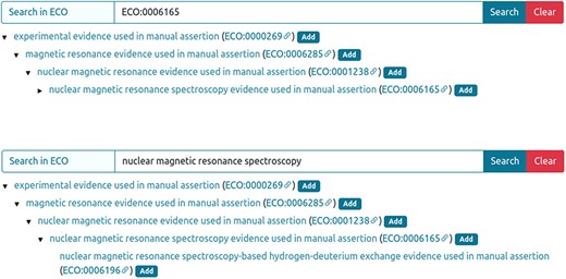 Entry curation page. Curator can retrieve the ECO technique using the ECO term (A) or the technique description (B) in the ‘Search in ECO’ bar, press the Search button and add the appropriate method.