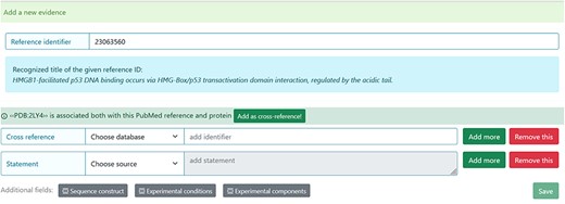 Entry curation page. Following the addition of the Reference identifier, the system automatically retrieves the PDB code related to the specified publication. Before adding it, the curator must verify that the information is correct.