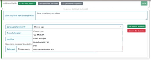 The figure shows the five selectable factors in DisProt to define any sequence differences reported in the experiment.