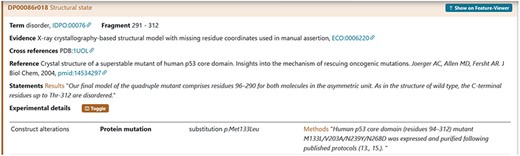 The figure shows the evidence of the Disordered Regions 291–312 experimentally detected. The construct used by the authors contains four substitutions M133L/V203A/N239Y/N268D reported with the HGVS nomenclature. The curator has also added a statement extracted from the article in the Methods section to support the evidence related to the construct alteration.