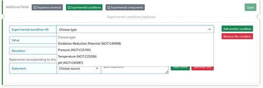 The figure shows the four selectable experimental parameters in DisProt to define any experimental setup for a sample in the study reported.