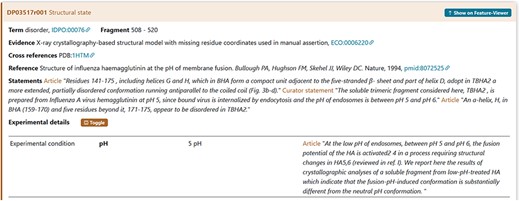 The figure shows the evidence of the Disordered Regions 508–520 experimentally detected. The soluble fragment is prepared at pH = 5 as mentioned in Experimental details. The curator has also added a statement extracted from the article to support the evidence related to the experimental conditions.
