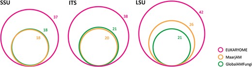 Figure 5 shows that for the arbuscular mycorrhizal Glomeromycota genera, EUKARYOME has nearly twice higher taxonomic coverage compared with previous Glomeromycota-oriented databases MaarjAM and GlobalAMFungi.