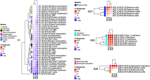 Heatmap showing changes in transcript abundance for individual modules of aggregates A1, A27, A28, and A38 in SLE patients. Columns represent disease activity categories (DA1: quiescent, DA2: mild flares, DA3: severe flares), with red spots indicating increased transcript abundance and blue spots indicating decreased abundance.