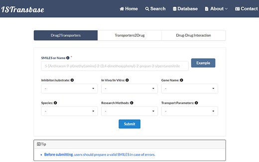 The main search page of ISTransbase. ISTransbase offers three search strategies that allow users to retrieve drugs and transporters based on multiple selectable constraints, as well as perform checks for drug–drug interactions.